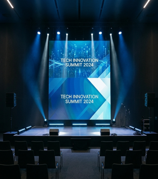 Corporate conference setup with branded stage and professional seating